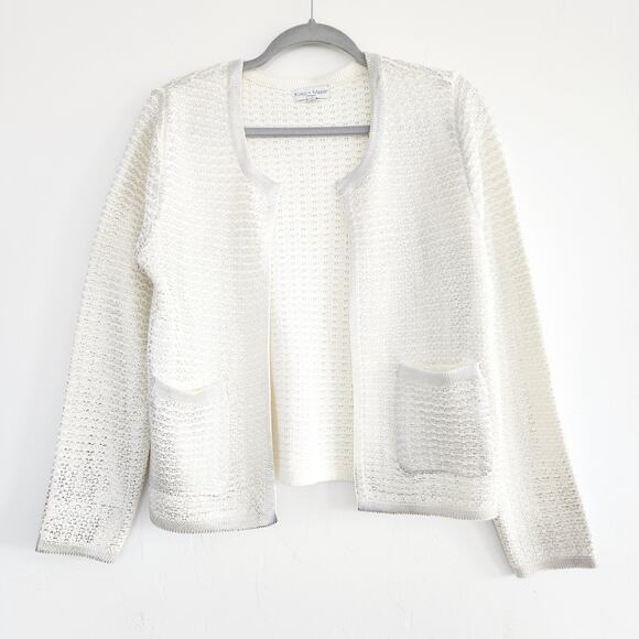 Koko + Mason Metallic Silver & White Knit Open Cardigan with Pockets Size Large - Picture 1 of 7